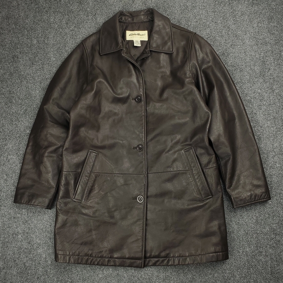 Eddie Bauer Leather Car Coat Jacket Womens Medium Tall Brown Button Up Classic - Picture 1 of 12